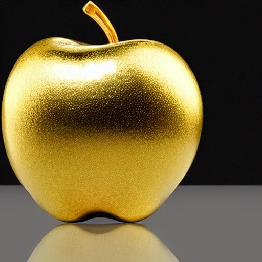 Prompt: A 24 karat gold apple on display at an auction.