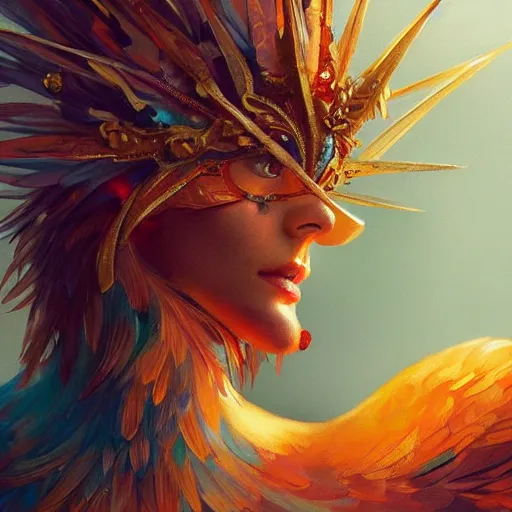 Prompt: close up of colorful bird, golden crown, dark, rusty, highly detailed, digital painting, artstation, concept art, smooth, sharp focus, illustration, art by artgerm and greg rutkowski and alphonse mucha