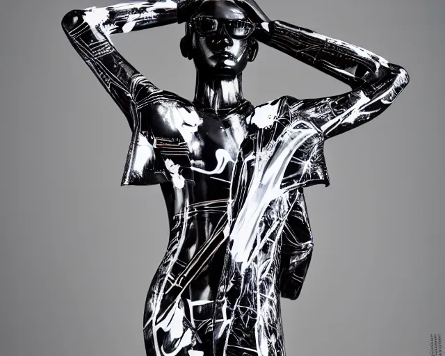 Image similar to extremely beautiful black marble statue with colorful japanese motorcycle logos in the style of fashion designer virgil abloh, sharp focus, clear, detailed,, cinematic, detailed, off white, glamourous, symmetrical, vogue, editorial, fashion, magazine shoot, glossy