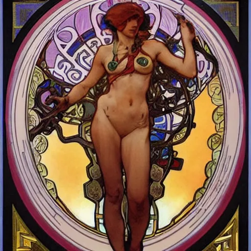 Image similar to Samus Aran by Alphonse Mucha