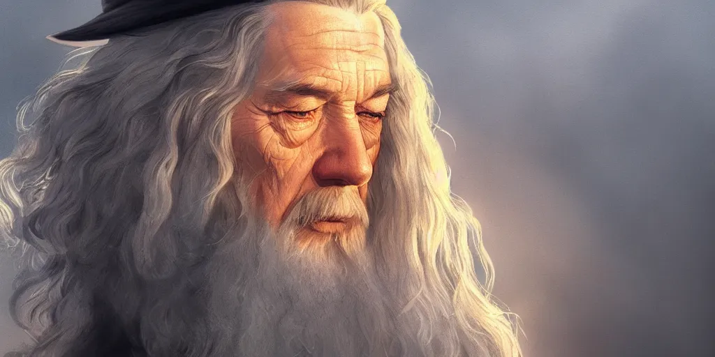 Image similar to Gandalf portrait, golden hour, rim lighting, detailed matte painting, cinematic, Alan Lee, Artstation