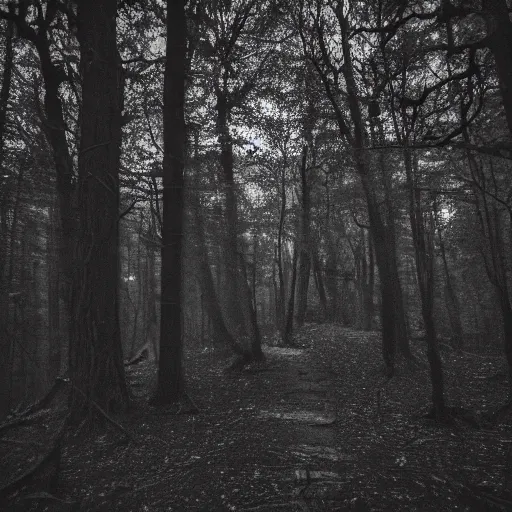 Prompt: deep forest in the night, nightmare, no light, everything is blurred, shadow beast running on you, very poor quality of photography, 1/2 second shutter speed
