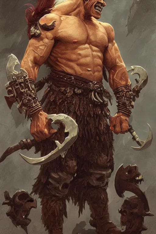 Image similar to portrait of a hulking herculean orc demon barbarian pirate, male, masculine, upper body, belt of skulls, fantasy, frown,, intricate, elegant, highly detailed, digital painting, artstation, concept art, sharp focus, illustration, art by artgerm and greg rutkowski and alphonse mucha