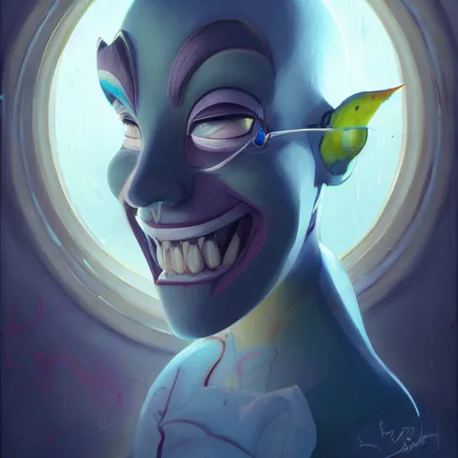 Prompt: a portrait of a cinematic still of the happy mask salesman, art by lois van baarle and loish and ross tran and rossdraws and sam yang and samdoesarts and artgerm and saruei and takaya imamura, digital art, highly detailed, intricate, sharp focus, trending on artstation hq, deviantart, unreal engine 5, 4 k uhd image