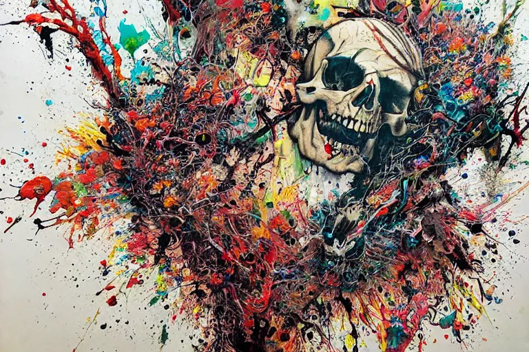 Image similar to a splattered action painting by jackson pollock showing a skull, ultradetailed, fine art painting, peter mohrbacher, moebius, skull carving, frottage, watercolor, acrylic, multilayered paint, spectacular splatter explosion, psychedelic art