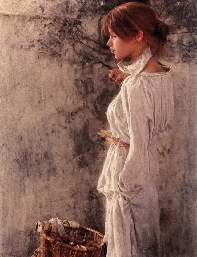 Prompt: peasant girl draw on a canvas, cottage core, cinematic focus, polaroid photo bleached vintage pastel colors high - key lighting, soft lights, foggy, by steve hanks, by lisa yuskavage, by serov valentin, by tarkovsky, detailed, oil on canvas