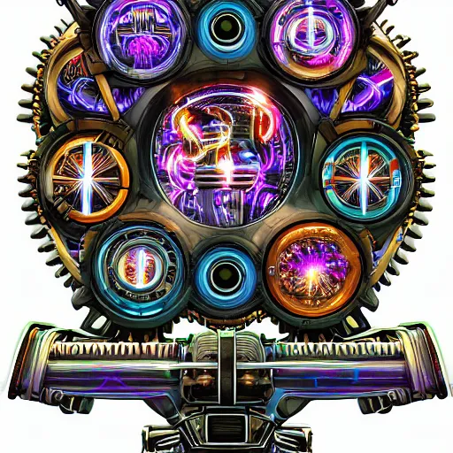 Prompt: sticker of a rock band, name is tripmachine, on the sticker is a 3 d render of a huge futuristic steampunk generator engine with gears and trippy music instruments, 8 k, fluorescent colors, halluzinogenic, multicolored, exaggerated detailed, silk screen art