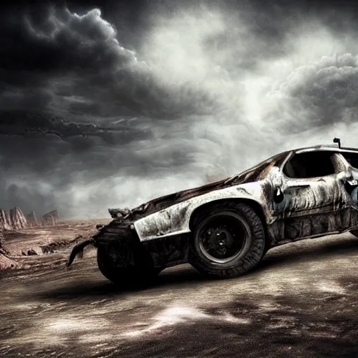 Prompt: ultra realist 3d soft paint of a gothic four wheel vehicle fully armored, MadMax, action sequence, symmetry accurate features, very intricate details, ominous sky, black and white, volumetric light clouds, post apocalyptic background