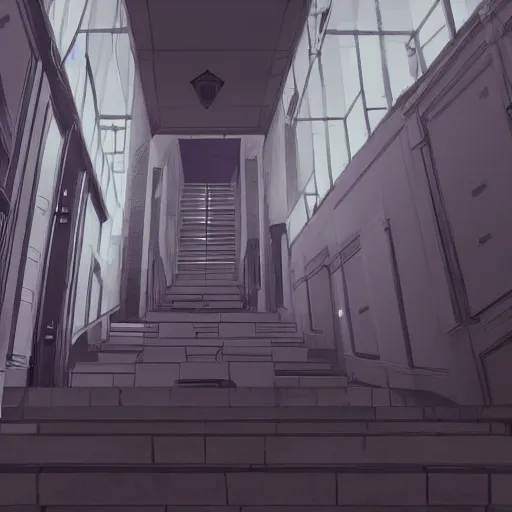 Prompt: a dark hallway with many doors and many stairs, Mc Escher architecture, epic composition, by Makoto Shinkai