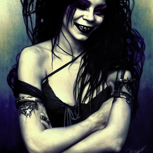 Image similar to beautiful portrait of vanessa hudgens as death from sandman, smiling, by cedric peyravernay, alphonse mucha, by jeremy mann, by lecouffe deharme, goth chic, soft lightning, eyeliner, punk rock, high detailed, 8 k