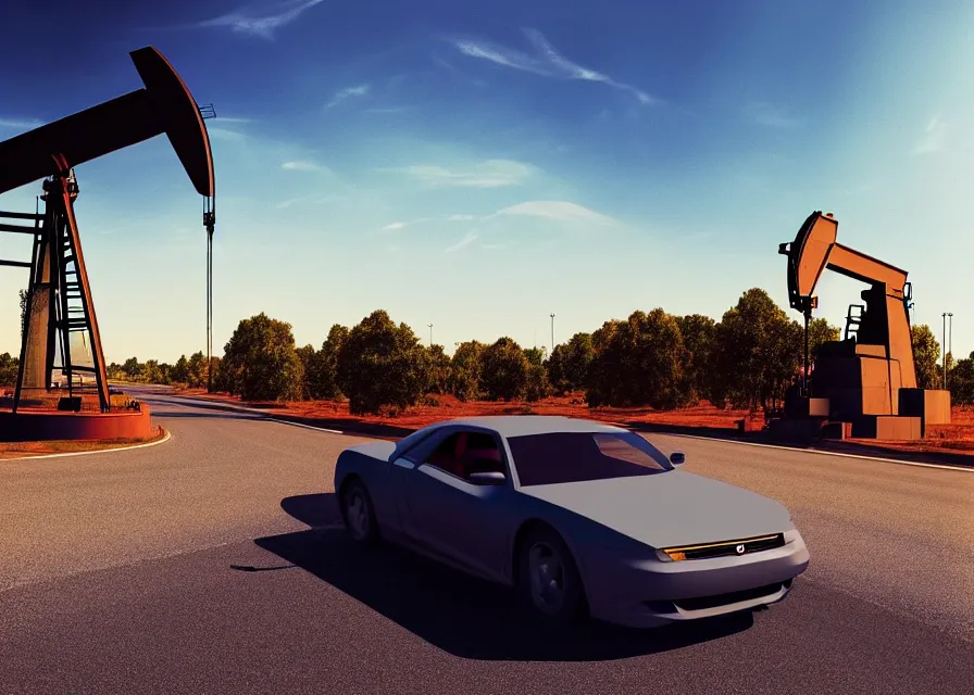 Prompt: a car driving down a road next to an oil pump, a digital rendering by michael flohr, instagram contest winner, futurism, matte painting, outrun, terragen