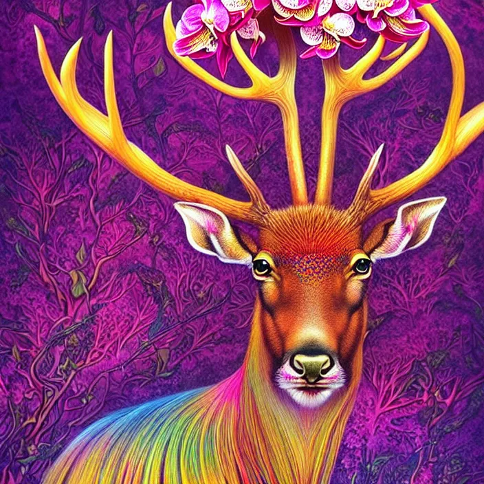 Image similar to extremely psychedelic animal made of orchid and cherry blossom tree and mushroom, elk, gazelle, LSD, diffuse lighting, fantasy, intricate, elegant, highly detailed, lifelike, photorealistic, digital painting, artstation, illustration, concept art, smooth, sharp focus, art by John Collier and Albert Aublet and Krenz Cushart and Artem Demura and Alphonse Mucha