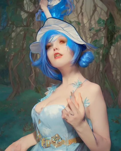 Prompt: pretty girl with blue hair dressed as alice and wonderland, digital painting, 8 k, concept art, art by wlop, artgerm, greg rutkowski and alphonse mucha