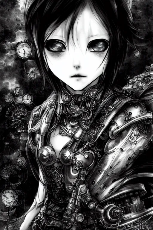 Prompt: a vertical portrait of a character in a scenic environment by Yoshitaka Amano, black and white, dreamy, steampunk armor, black hair, highly detailed