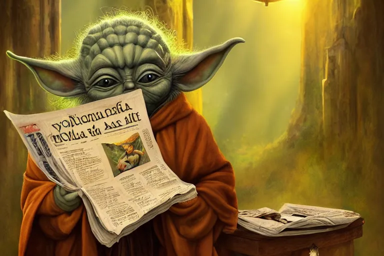 Image similar to a beautiful ultradetailed photo of yoda reading a newspaper in a monastery, by tom bagshaw and anna dittman, backlight, 3 5 mm lens, closeup shot, bokeh, golden ratio composition, sunset golden hour hues, very detailed, artstation, 8 k, highly coherent