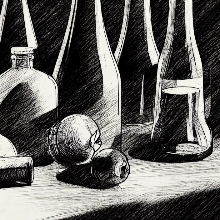 Image similar to extreme close - up on a table : poor quality bottles of different shapes and tones, fruits. background : black tiles on walls. black and white, pencil and ink. by gabriel hardman, joe alves, chris bonura. cinematic atmosphere, detailed and intricate, perfect anatomy