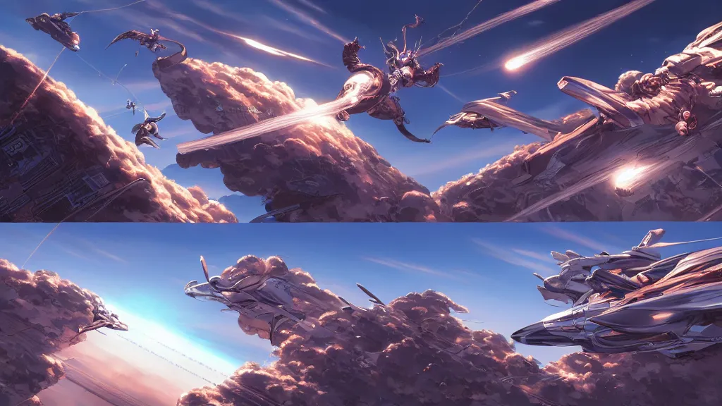 Prompt: highly detailed comic spread depicting an impactful action scene on the sky with expert design fictional characters, high details, dynamic art by murata, moebius, makoto shinkai, craig mullins, digital painting, masterpiece, best selling, pixiv, volumetric lighting, realistic shaded lighting, 8 k, highly detailed render,