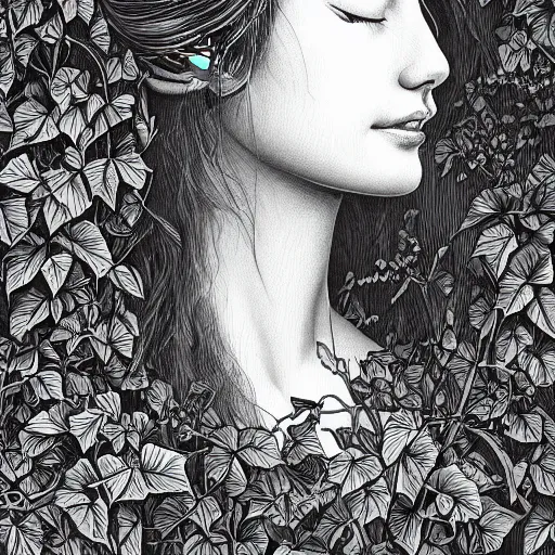 Image similar to Copper engraving of a calm and appeased woman, closing eyes, ivy creeping around her face, artstation, intricate, 8k, award-winning