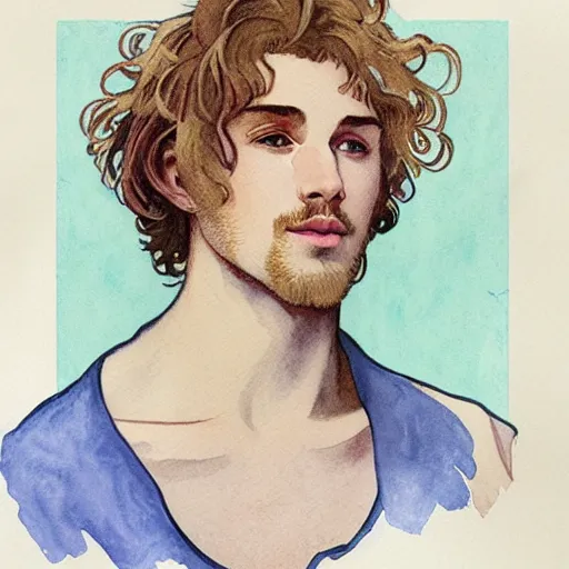 Prompt: watercolor drawing of a young cute handsome beautiful strawberry blond medium very curly thick hair and slight thin facial hair man in his early 2 0 s wearing a blank maroon t - shirt with grey - blue eyes, by elizabeth peyton and alphonse mucha