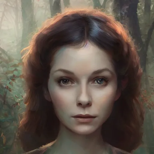 Image similar to closeup portrait of a young vivian leigh with elf ears, forest background, megacity, high fantasy, gorgeous view, depth, high detail, digital art, painted by greg rutkowski, trending on artstation