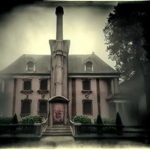 Image similar to lomo photo of haunted mansion, dark, scary, moody, gloomy, foggy