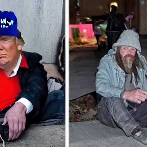 Image similar to donald trump dressed as a homeless man living in the slums