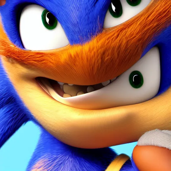 Prompt: High definition picture of ugly sonic with a toothache grin snarling at eggman