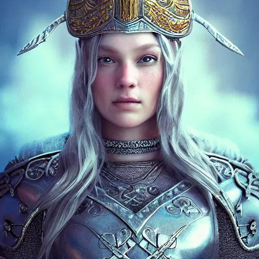 Prompt: portrait with face of scandinavian valkyrie in armour insanely ornamented with decorations, valhalla, ice, nord, incredible detailed, octane render, fairy tale mysterious atmosphere, artstation trends, detailed asgard on the background.