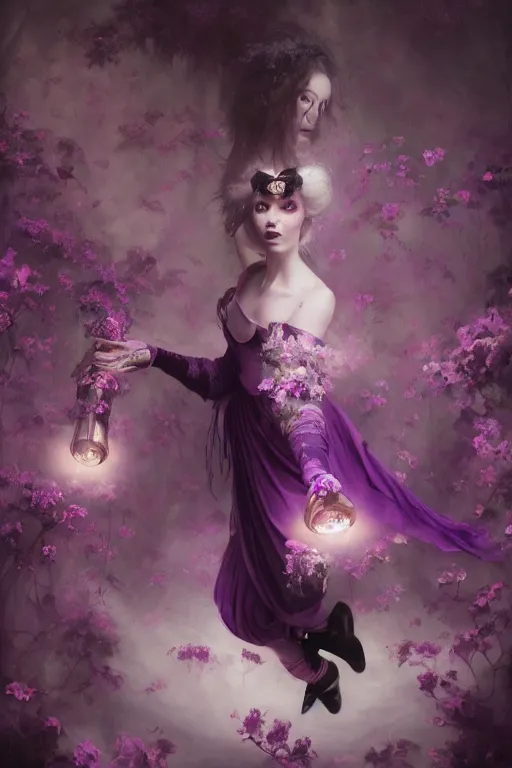 Prompt: goth ballet dripping purple velvet with purple flowers, dramatic lighting, paintings, post processing, painterly, illustration, octane render, hdr, 4 k, 8 k, hd, by edmund blair leighton, brom, charlie bowater, trending on artstation, faces by tom bagshaw, sargent