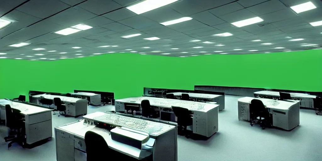 Prompt: a large 1970's computing room with 9-track machines and green glowing screens. by IBM by Amdahl.