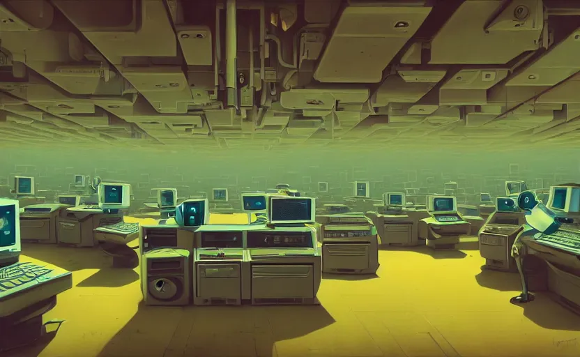 Image similar to Interior shot of a secret mysterious Hacker room with computers by Petros Afshar and Beeple, James Gilleard, Mark Ryden, Wolfgang Lettl highly detailed