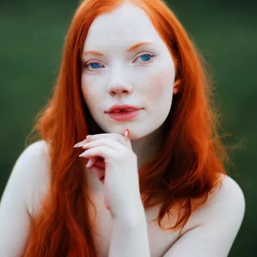 Image similar to Portrait of a young redhead lady with a flower, Canon EOS R3, f/1.4, ISO 200, 1/160s, 8K, RAW, unedited, symmetrical balance, in-frame