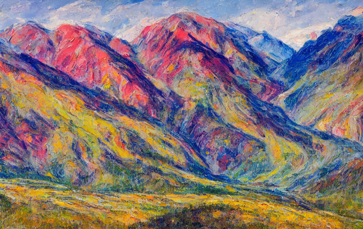 Prompt: Realist colorful impasto painting of the Salmon River mountains by Ivan laliashvili, 4k scan, oil on canvas, visible brushstrokes