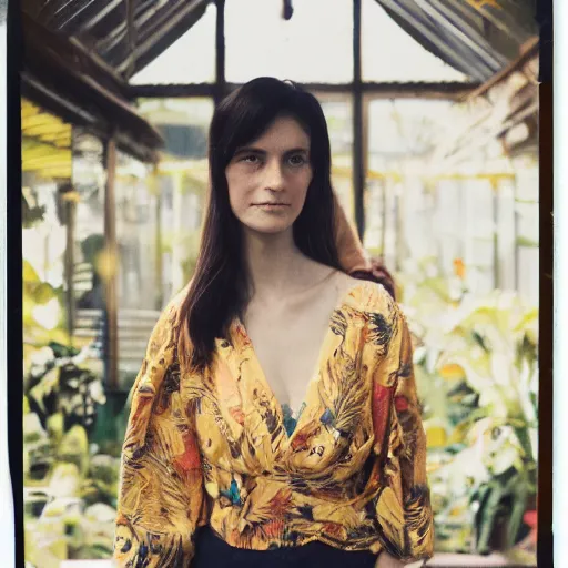 Image similar to head to shoulder portrait Polaroid film photograph of an elegant top model wearing a yellow kimono with a very detailed barn owl on her shoulder!!! in a tropical greenhouse. looking at the camera!!. super resolution. Polaroid 600 film. art by Lili Cranberrie and Cristina Fontsare