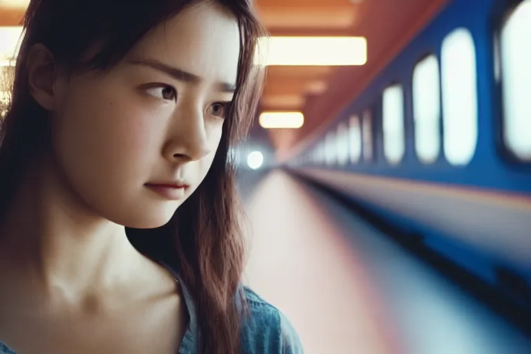 Image similar to vfx movie closeup couple in a train station flat color profile low - key lighting award winning photography arri alexa cinematography, beautiful natural skin, symmetrical face, atmospheric cool color - grade