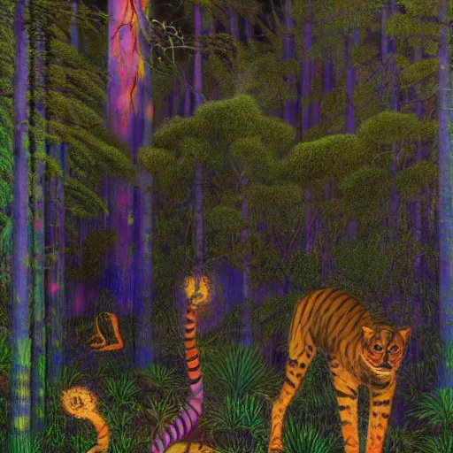 Image similar to psychedelic big cats lush pine forest, horror, scary, dark, outer space, milky way, designed by arnold bocklin, jules bastien - lepage, tarsila do amaral, wayne barlowe and gustave baumann, cheval michael, trending on artstation, star, sharp focus, colorful refracted sparkles and lines, soft light, 8 k 4 k