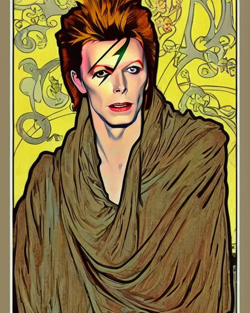 Image similar to a portrait painting of ( ( ( david bowie ) ) ) in the style of alphonse mucha!!!