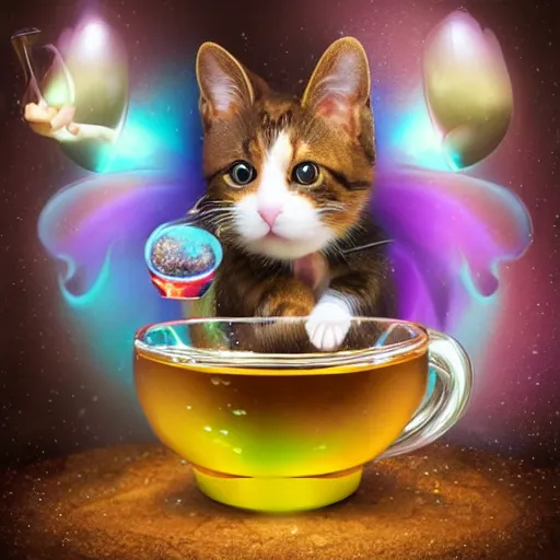 Image similar to a happy cute cat-fairy brewing a magic potion, extreme detail, photorealistic