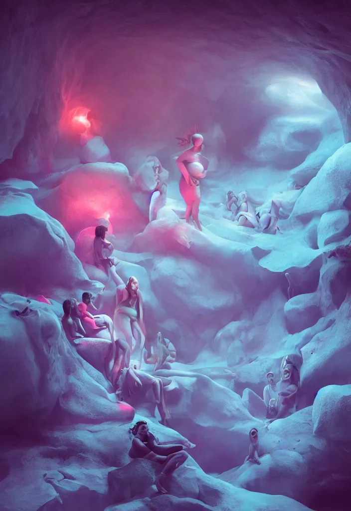 Image similar to epic pregnant woman talking to all her tribe with fluorescence bodies, proud people gather around the pregnant woman, ice cave, facinating, fantasy digital art, octane render, beautiful coherent composition, trending on artstation, matte painting, masterpiece