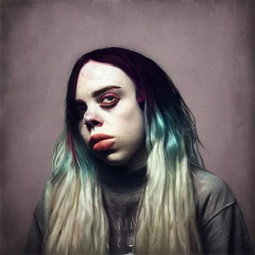 Prompt: grunge painting of billie eilish by michal karcz | pennywise style