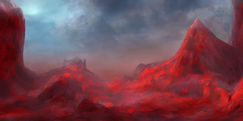 Image similar to an ancient red mountain carved into the face of priestess, sci - fi, landscape, fantasy