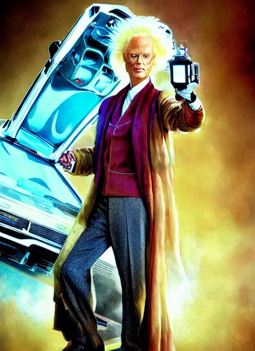 Prompt: formal portrait of beautiful tilda swinton as doc brown from back to the future. digital art by eugene de blaas, ross tran, and nasreddine dinet, vibrant color scheme, excited, intricately detailed, in the style of romanticism, cinematic, delorean background, artstation, greg rutkowski