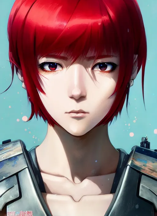 Image similar to portrait of Anime sister of battle, Warhammer 40000, cute-fine-face, red-short-hair pretty face, realistic shaded Perfect face, fine details. Anime. realistic shaded lighting by Ilya Kuvshinov katsuhiro otomo ghost-in-the-shell, magali villeneuve, artgerm, rutkowski, WLOP Jeremy Lipkin and Giuseppe Dangelico Pino and Michael Garmash and Rob Rey and Gustav Klimt