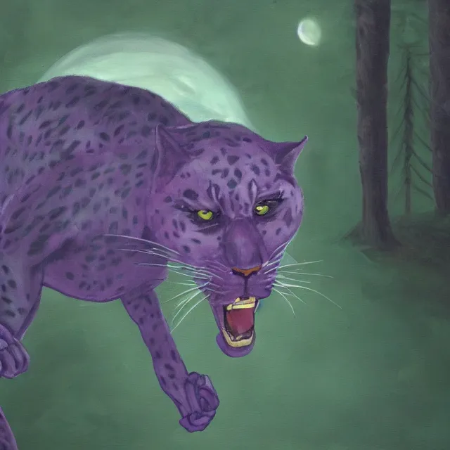 Image similar to closeup of a purple panther roaring at the moon in the forest. night. large moon in the center. cinematic. oil painting. concept art