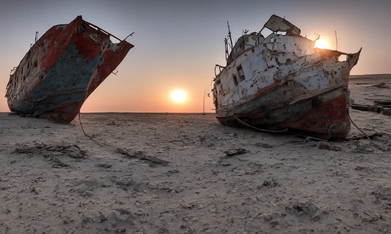 Prompt: an abandoned ship in the aral sea desert, setting sun, photorealistic, 4k, 8k, very detailed