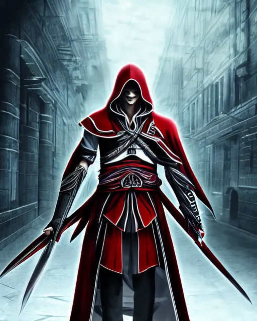 Image similar to Digital state-sponsored anime art of Ezio Auditore by A-1 studios, serious expression, empty warehouse background, highly detailed, spotlight