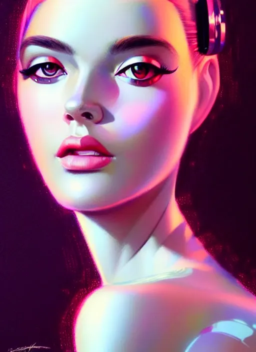 Image similar to photorealistic portrait of female humanoid, highly intricate, retro 6 0 s haute couture fashion, elegant, highly detailed, crispy quality and cyber neon light reflections, artstation, pinterest, glamor pose, no signature, no watermark, art by artgerm and greg rutkowski