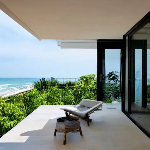 Prompt: zen minimalist modern balcony overlooking the tropical beach and sea