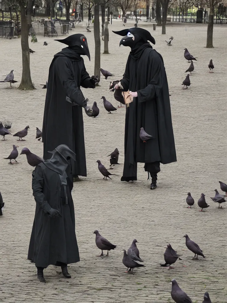 Image similar to plague doctor in a park feeding pigeons