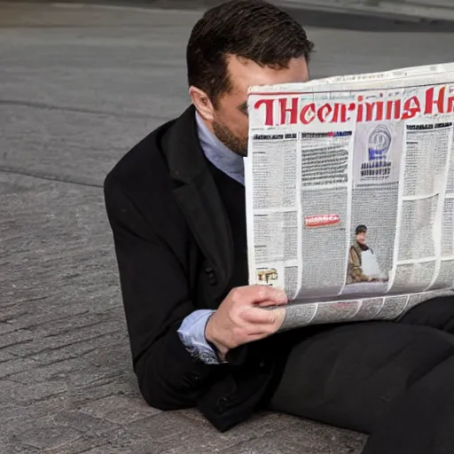 Image similar to a man is reading the largest newspaper in the world